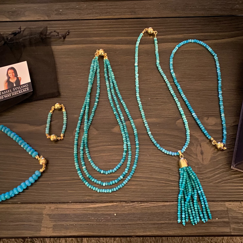 Turquoise Necklace 10 Way Tassel Styling by Maria Nicola